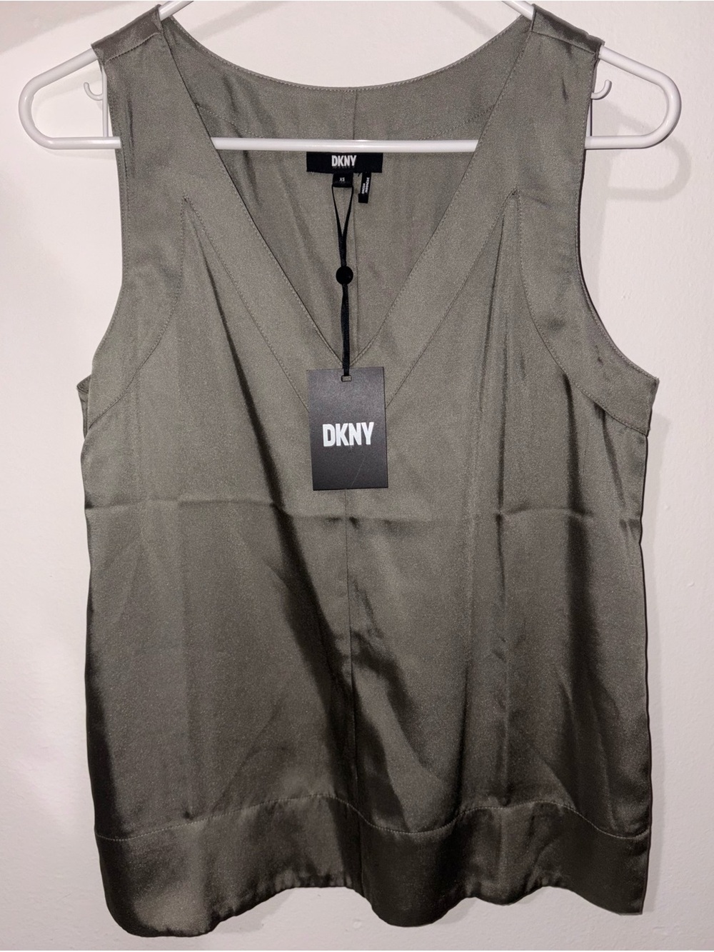 DKNY Olive Satin V-Neck Camisole Tank Size XS - New